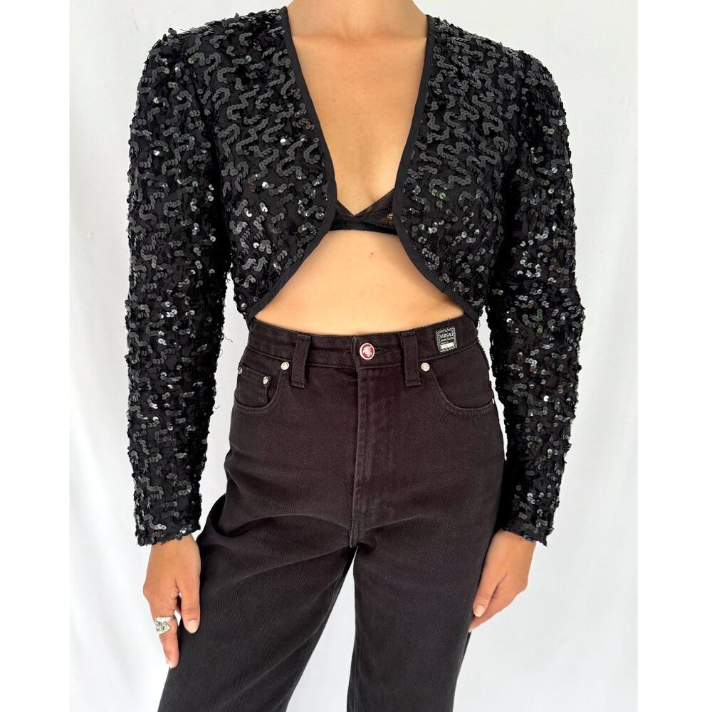 80s vintage black sequin lace embellished glam party cropped bolero jacket shrug